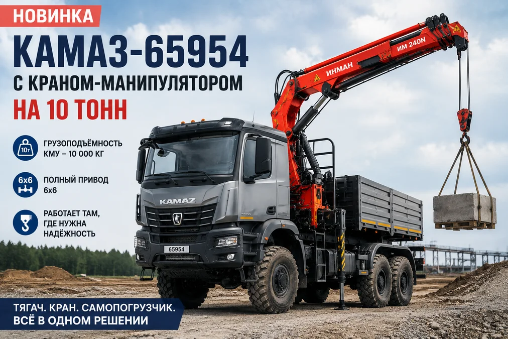 КАМАЗ представил полноприводный тягач КАМАЗ-65954 с КМУ грузоподъёмностью 10 тонн